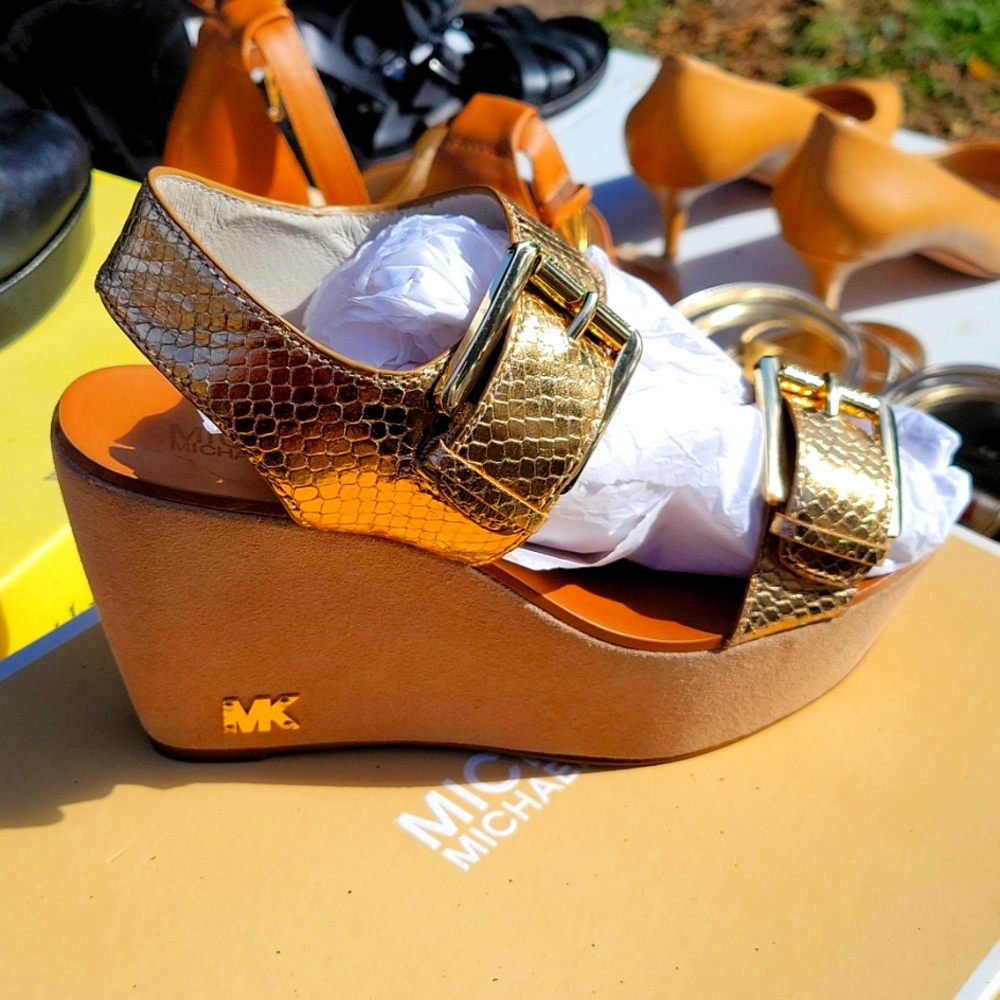 MK wedges gold heels